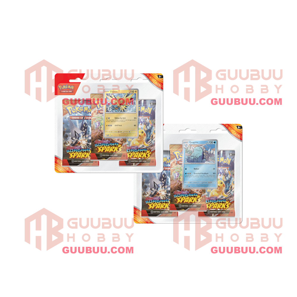Pokemon Scarlet and Violet 8 (SV08) Surging Sparks 3-Pack Blister - Se GuuBuu Hobby Pokemon Scarlet and Violet 8 (SV08) Surging Sparks 3-Pack Blister - Se GuuBuu Hobby