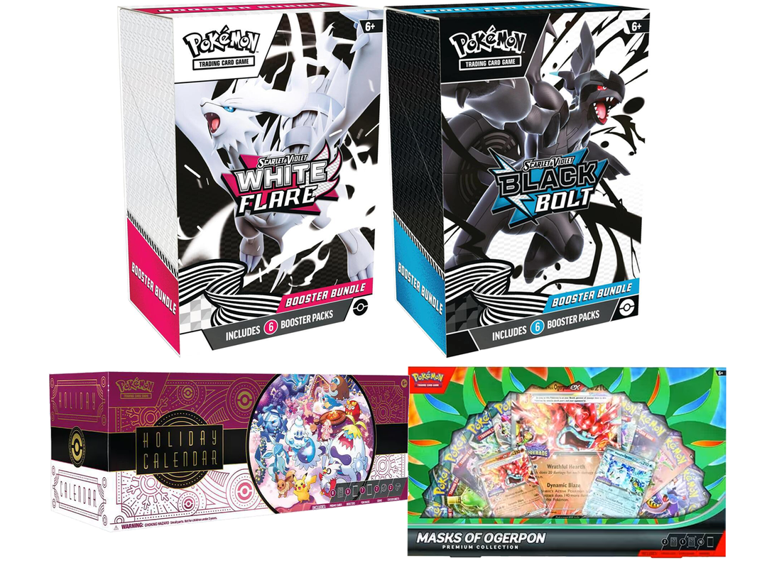 Pokemon TCG: Black Bolt Booster Bundle & White Flare Booster Bundle & Calendar 2025 & Mask of Ogerpon MSRP Bundle