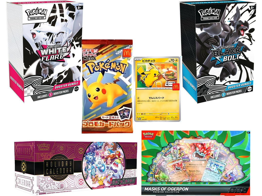 Pokemon TCG: Black Bolt Booster Bundle & White Flare Booster Bundle & Calendar 2025 & Mask of Ogerpon MSRP Bundle With Sealed McDonald’s Pikachu 2025