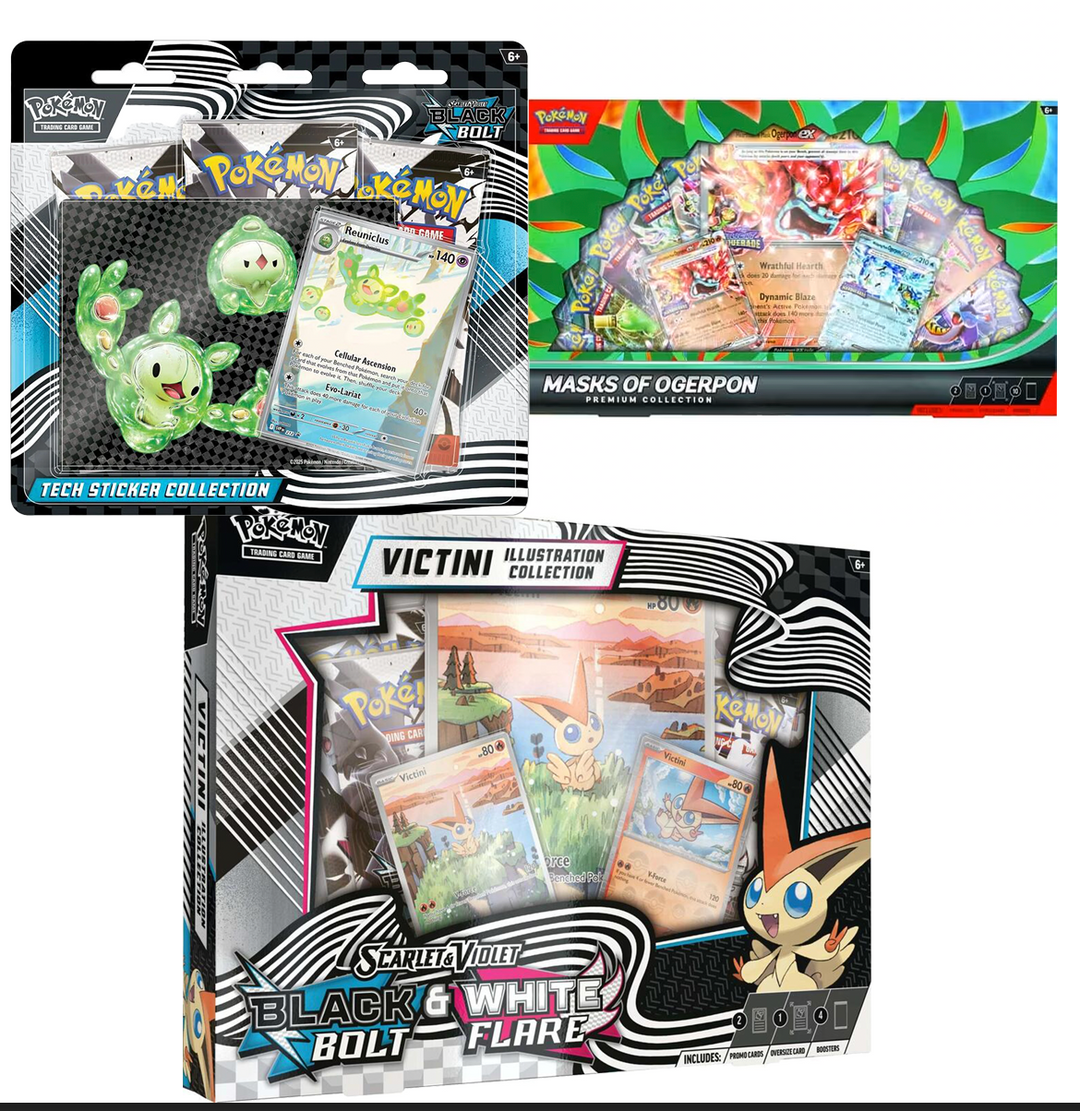 Pokemon TCG: Bundle Black bolt: Victini Collection & Mask of Ogerpon & Black bolt Tech Sticker Collection
