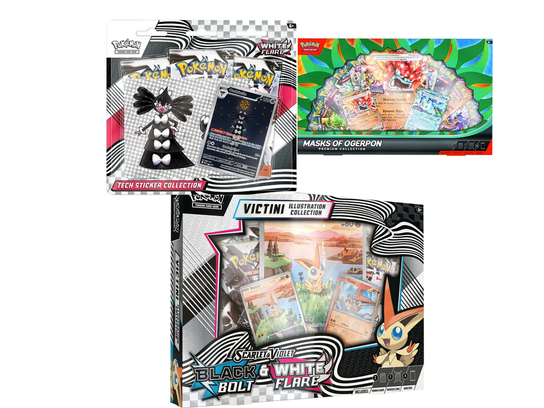 Pokemon TCG: Bundle White Flare: Victini Collection & Mask of Ogerpon & White Flare Tech Sticker Collection