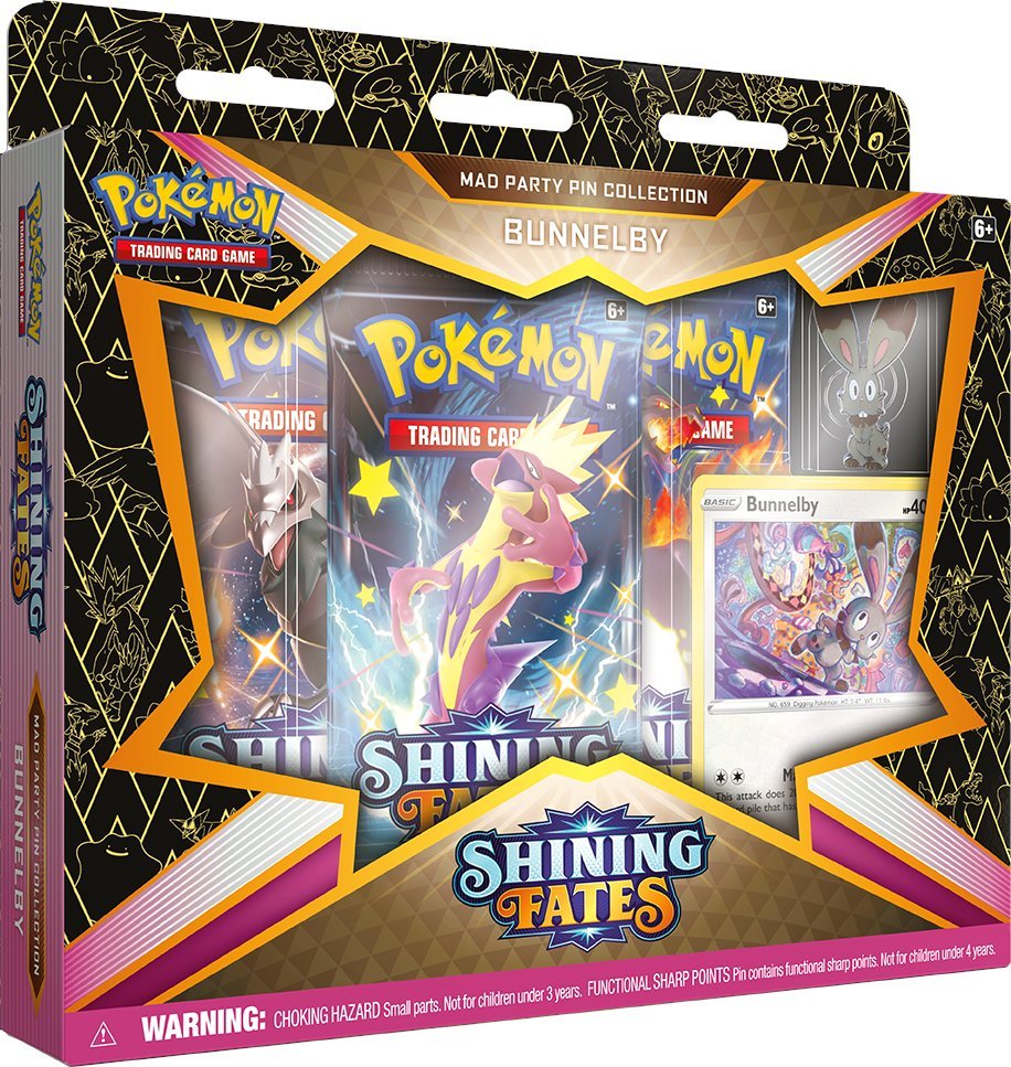 Pokémon TCG: Shining Fates Mad Party Pin Collections revealed for Bunnelby, Dedenne, Galarian Mr. Rime and Polteageist